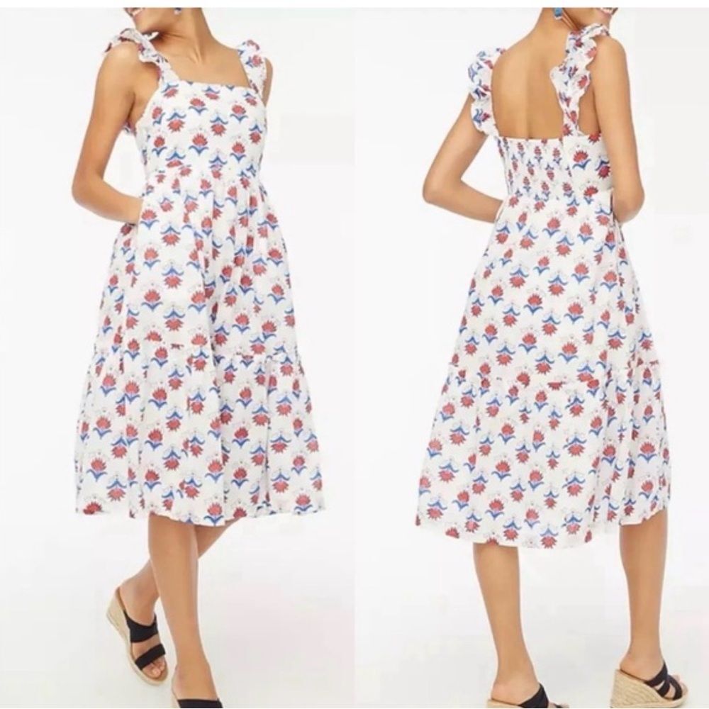 J Crew Factory Square Neck Midi Dress 10 White Red Blue Floral Print Ruffle
